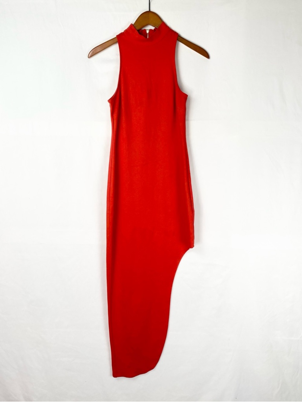 Bebe Mock Neck Asymmetrical Fiery Red Maxi Dress Sleeveless Size small